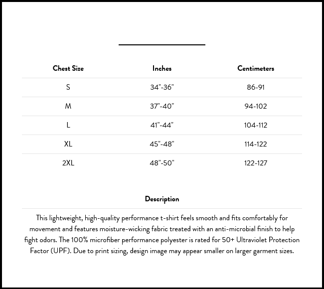 Size chart for the Performance T-Shirt