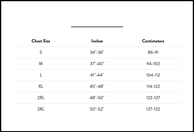 Size chart for the Regular T-Shirt