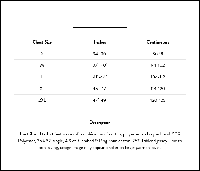 Size chart for the Triblend T-Shirt